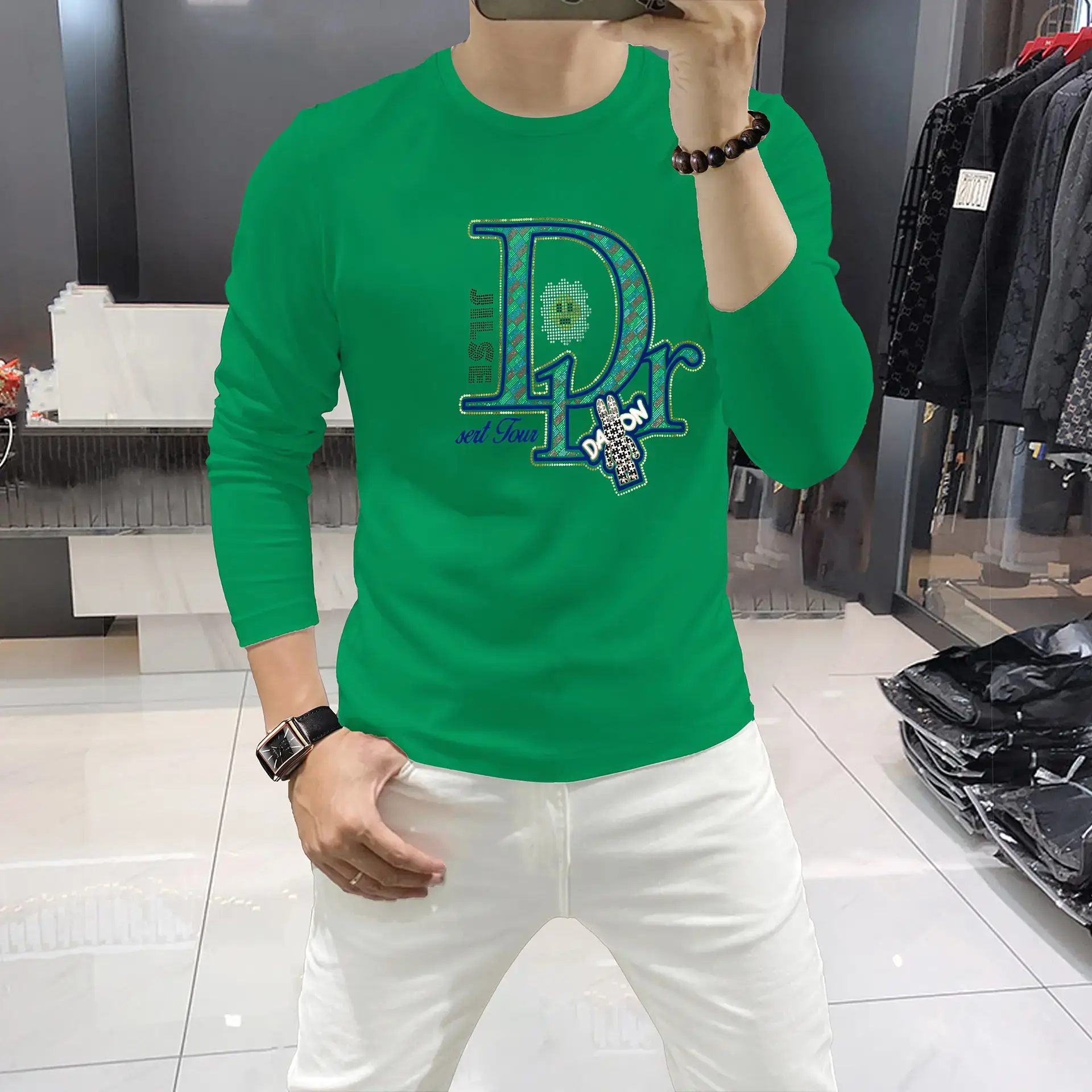 Men White DR Logo Long Sleeve T-Shirt & Pants Set