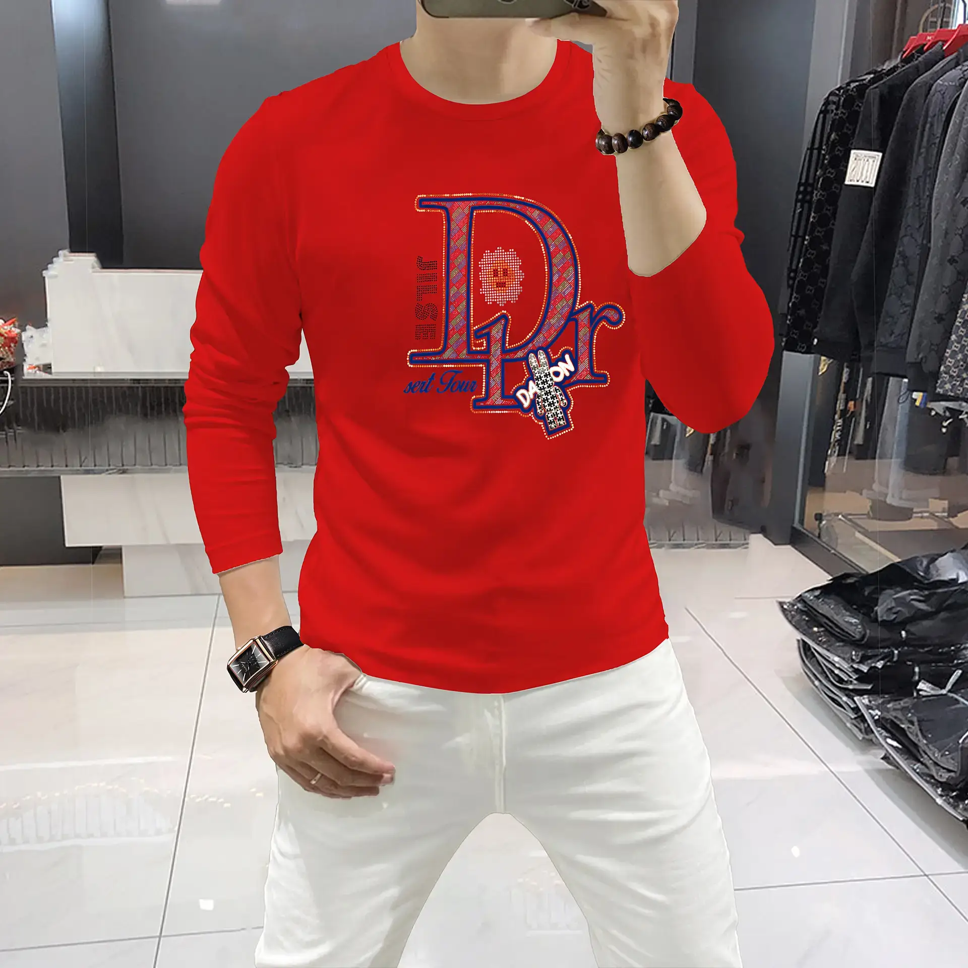 Men White DR Logo Long Sleeve T-Shirt & Pants Set