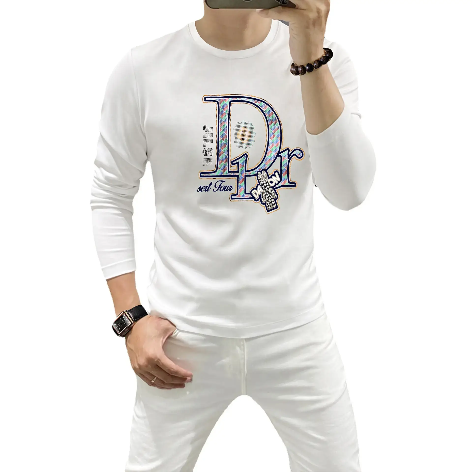 Men White DR Logo Long Sleeve T-Shirt & Pants Set