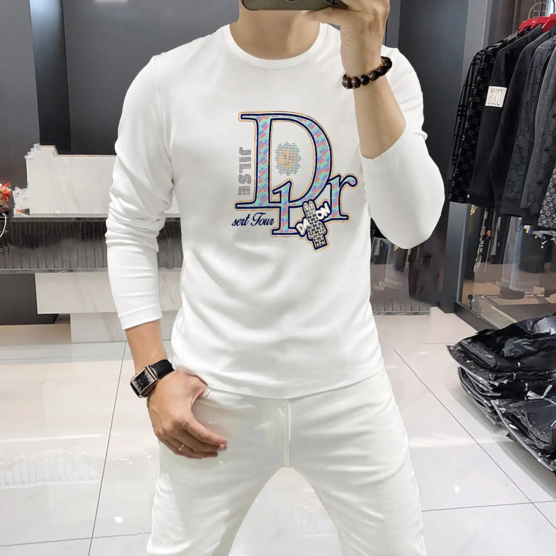 Men White DR Logo Long Sleeve T-Shirt & Pants Set — feature 1