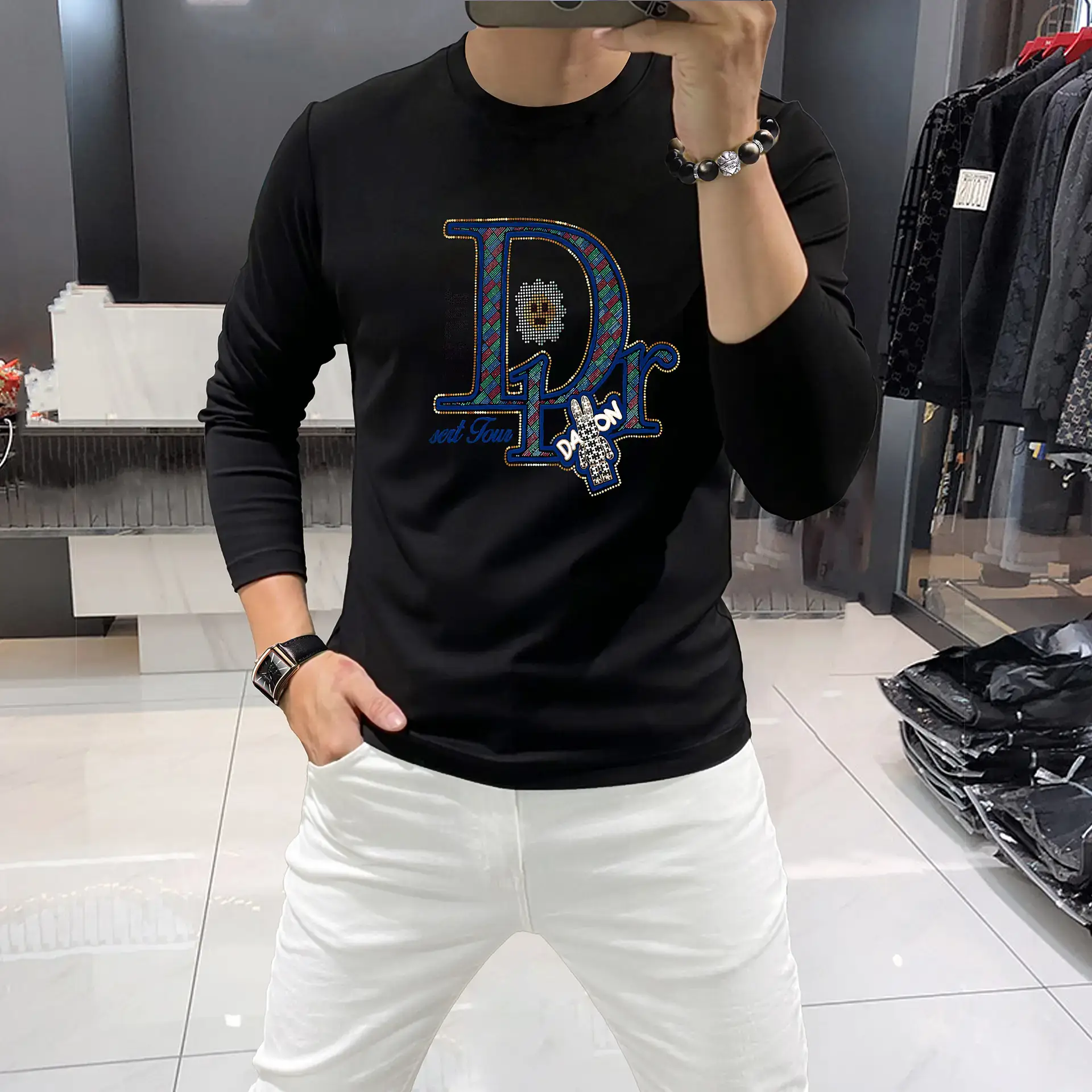 Men White DR Logo Long Sleeve T-Shirt & Pants Set