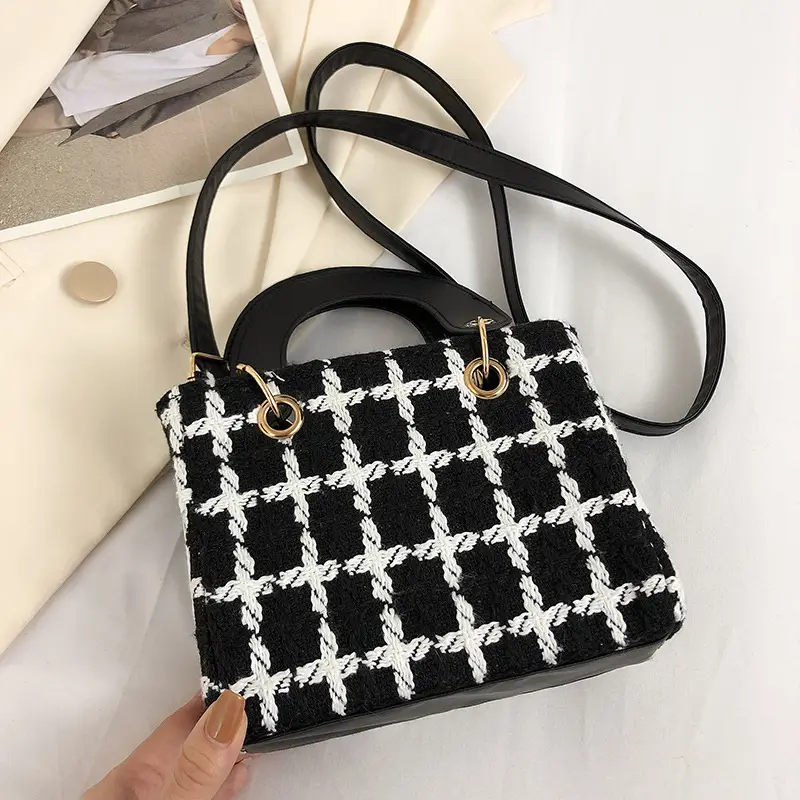 2022 Women's Korean Crossbody Bag Black White Plaid - Image 4