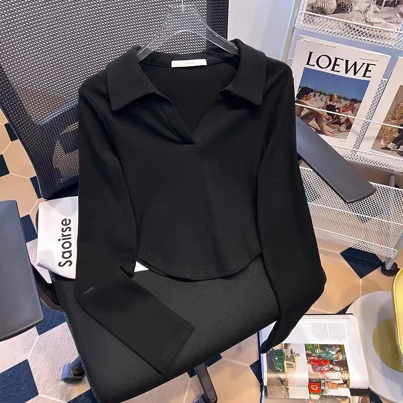 Women Green Polo Collar T-Shirt Autumn Winter - Image 6