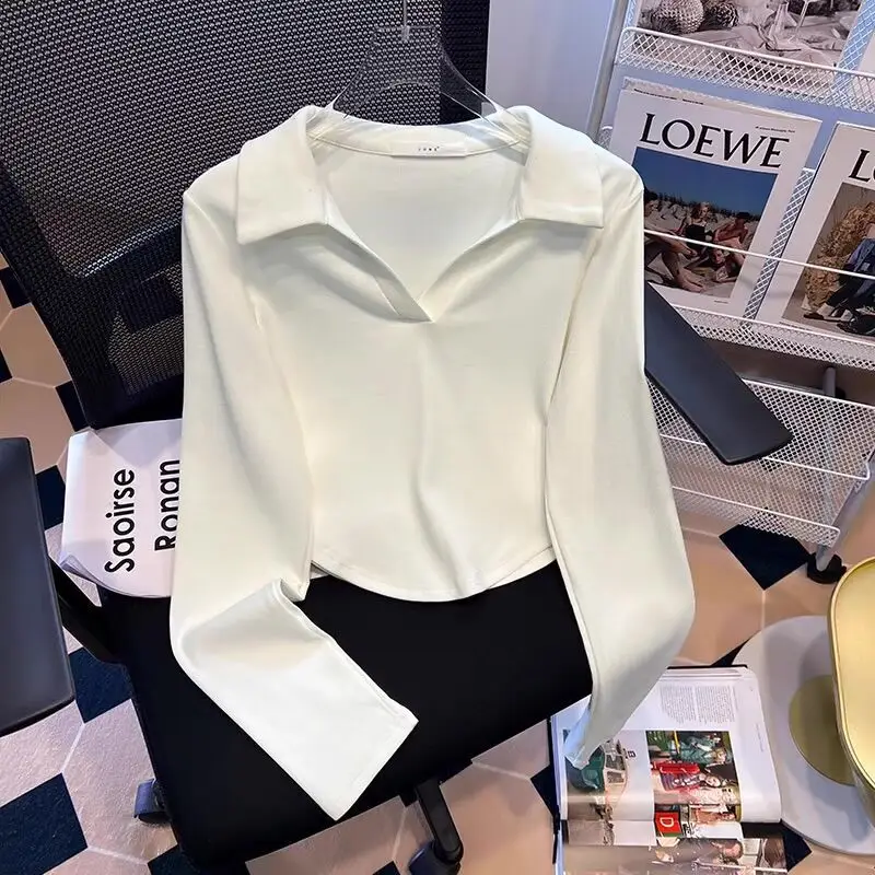 Women Green Polo Collar T-Shirt Autumn Winter - Image 7