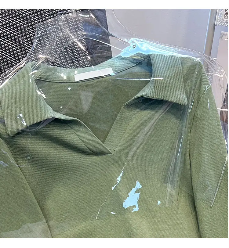 Women Green Polo Collar T-Shirt Autumn Winter - Image 8