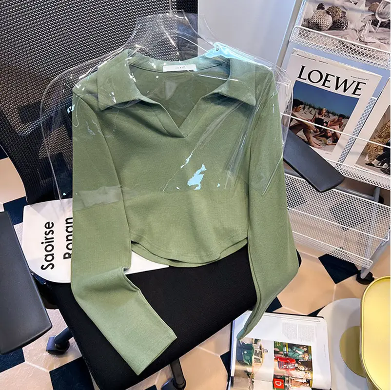 Women Green Polo Collar T-Shirt Autumn Winter - Image 3