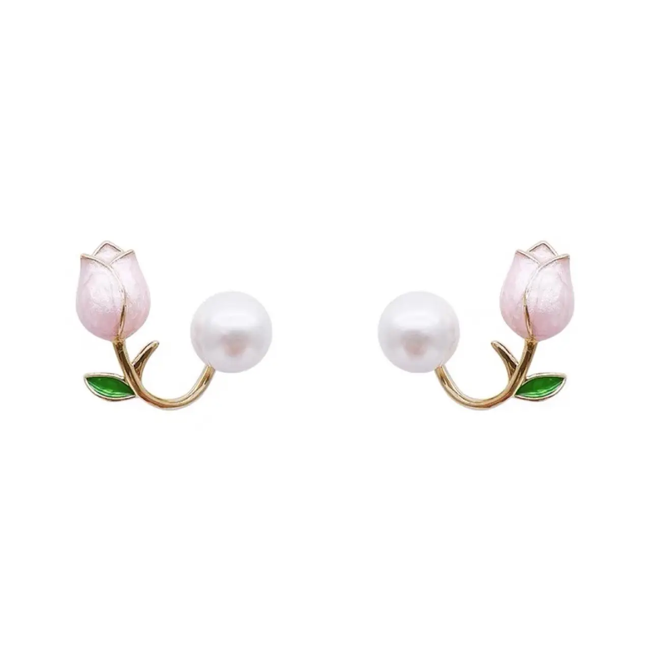 Painted Pink Tulip Pearl Earrings for Women - Image 4