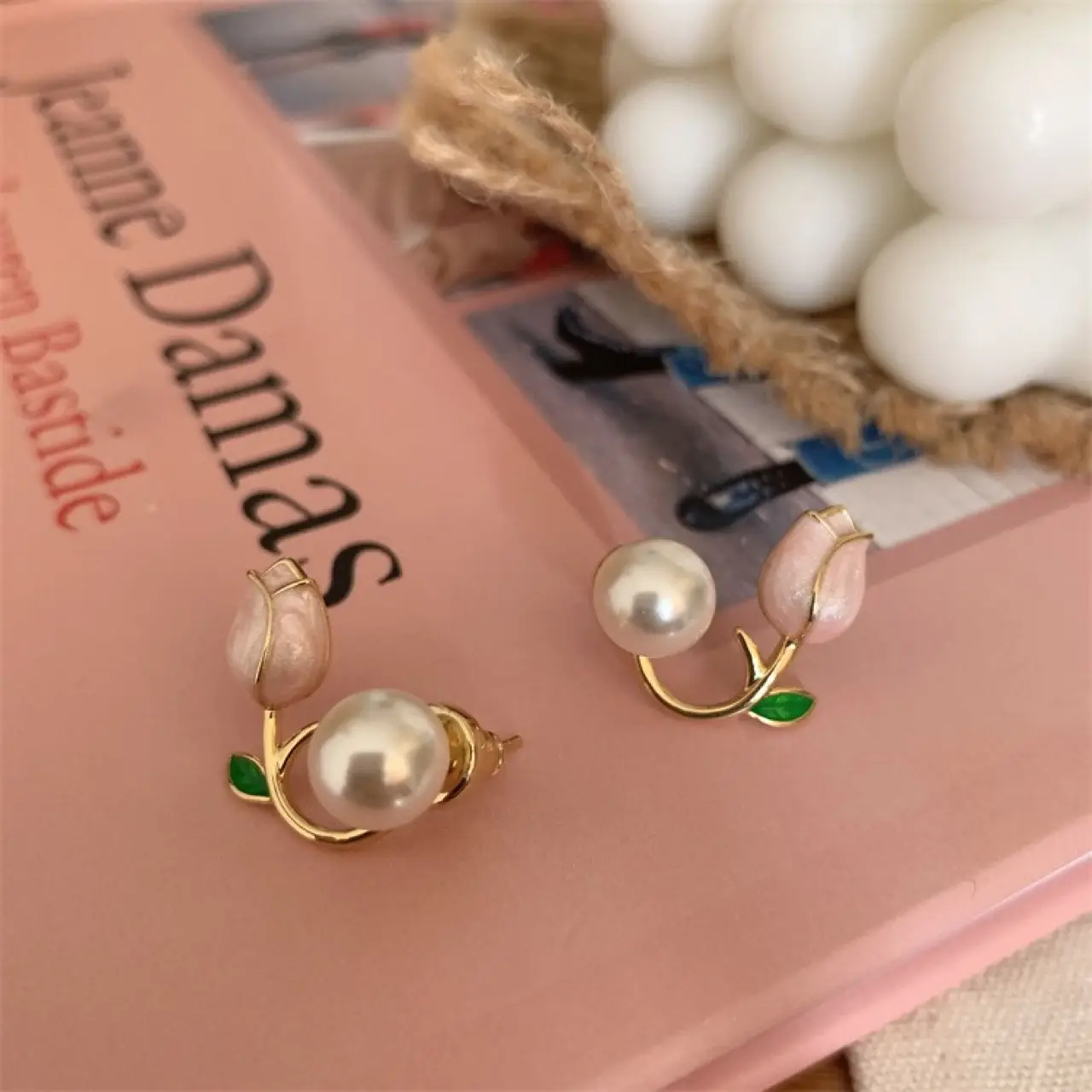 Painted Pink Tulip Pearl Earrings for Women - Image 5