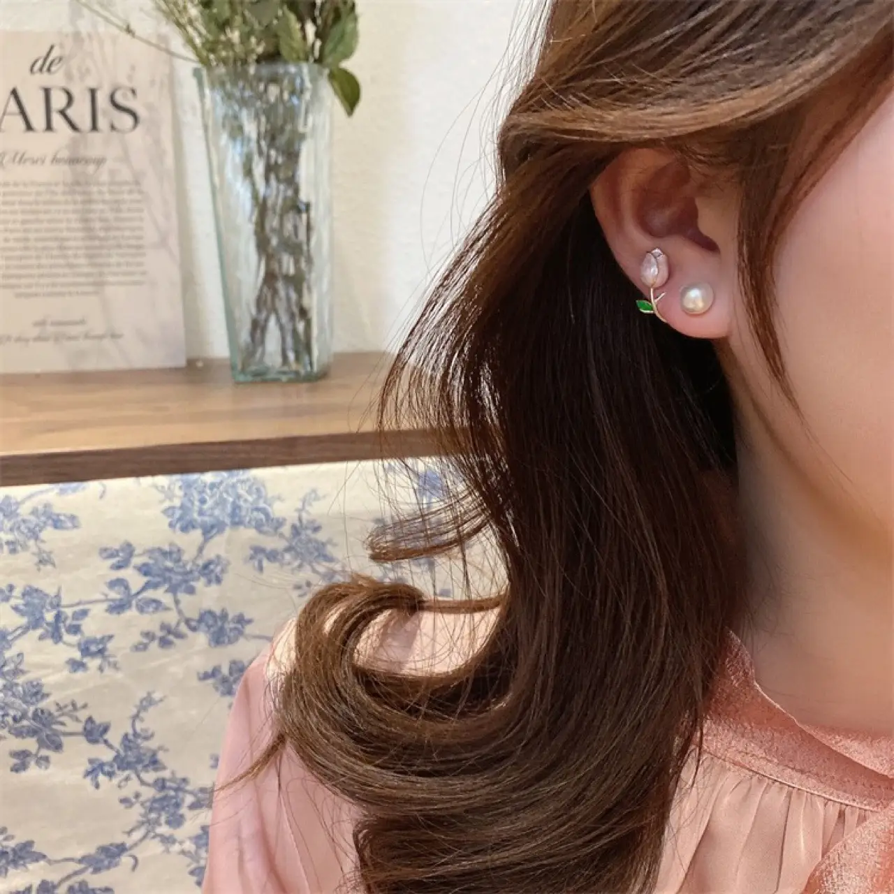 Painted Pink Tulip Pearl Earrings for Women — feature 6