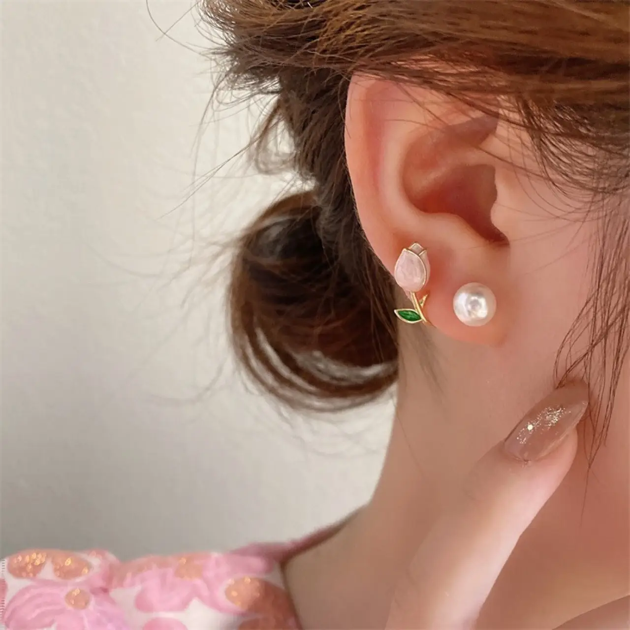 Painted Pink Tulip Pearl Earrings for Women — feature 7