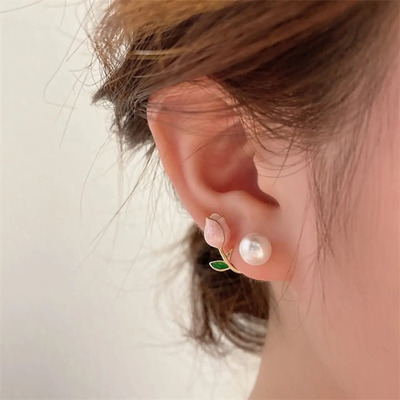 Painted Pink Tulip Pearl Earrings for Women — feature 8