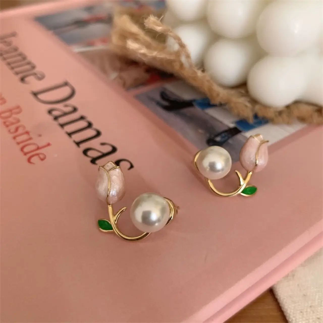 Painted Pink Tulip Pearl Earrings for Women — feature 9