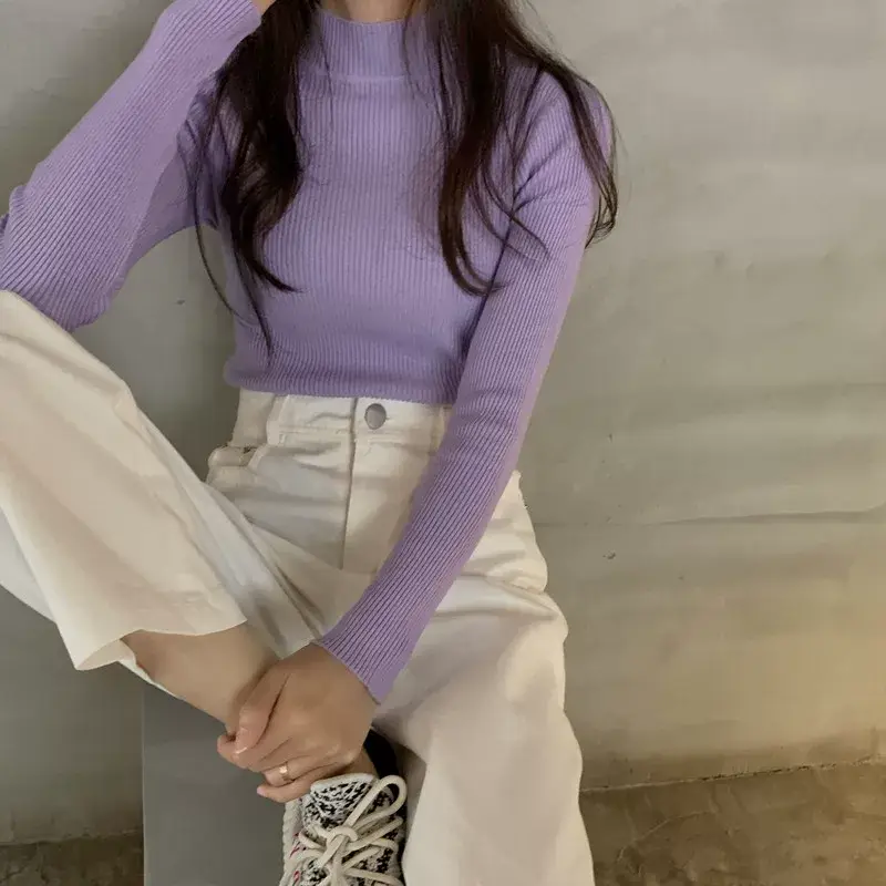 Women's Purple Knitted Half Turtleneck Top — feature 21