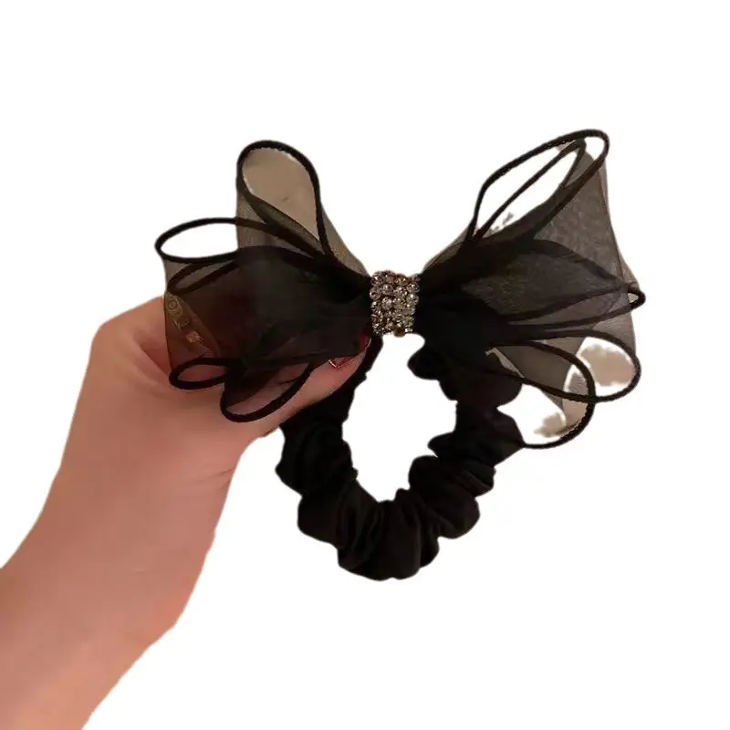 New Mesh Bow Hair Ring with Rhinestone Decor