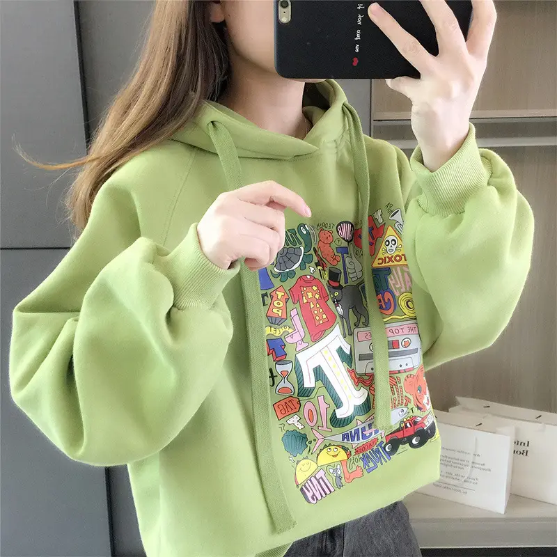Girls Fleece Hoodie Green Graphic Print Long Sleeve