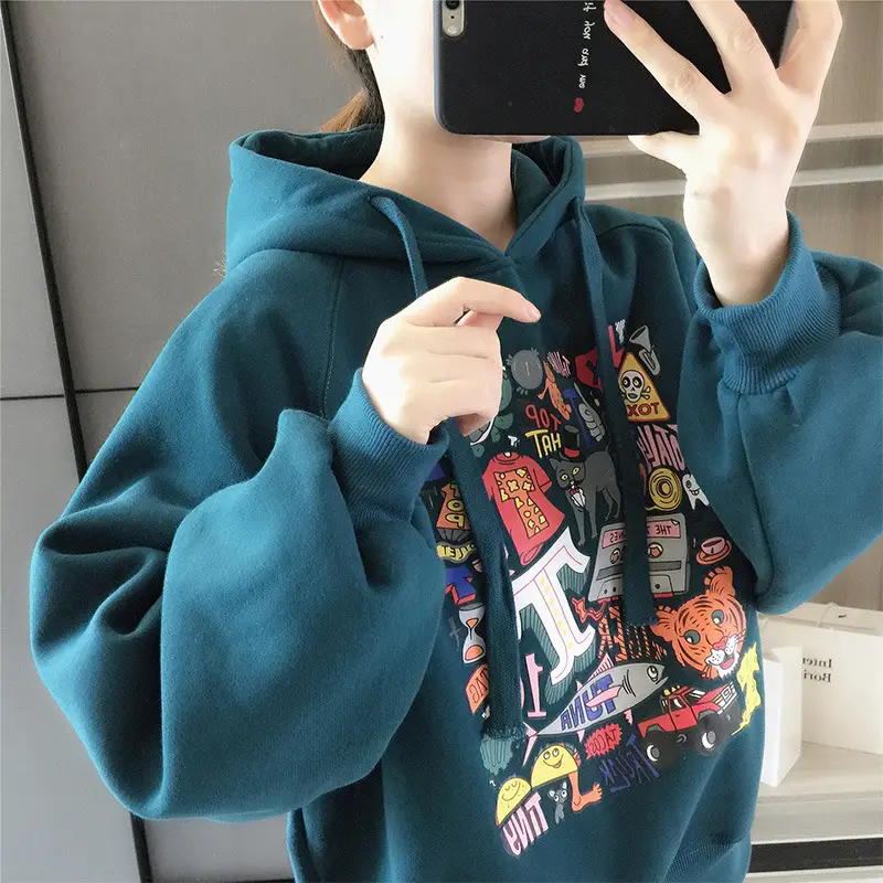 Girls Fleece Hoodie Green Graphic Print Long Sleeve