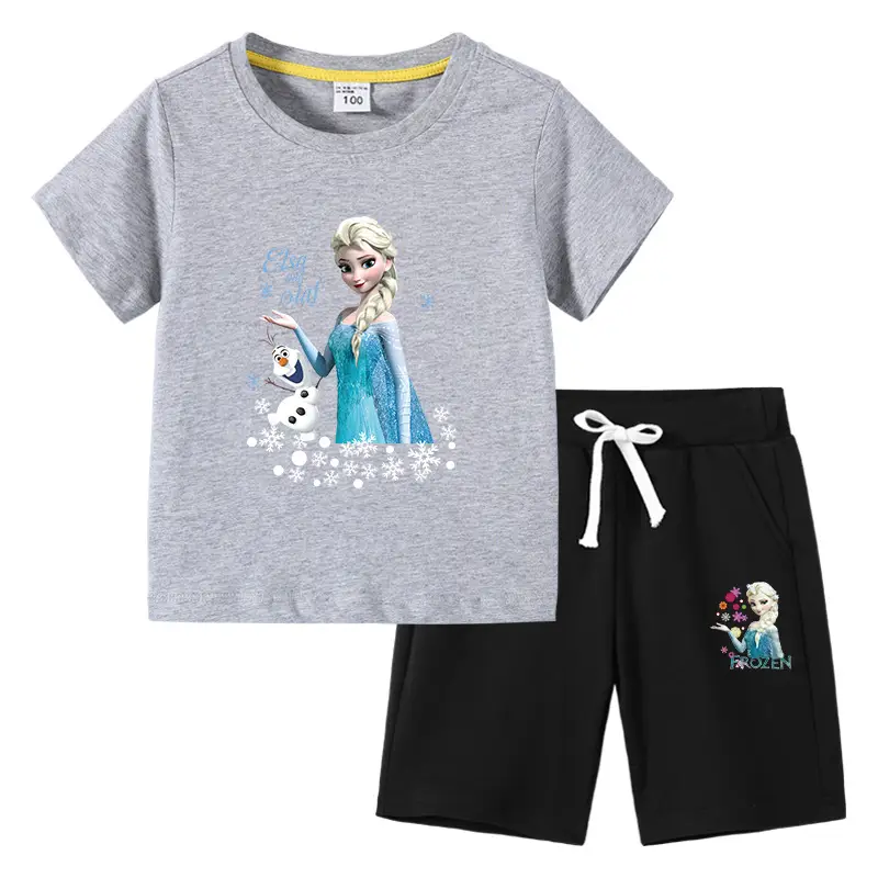 2023 Frozen Print Kids Cotton 2-Piece Suit White Black - Image 14