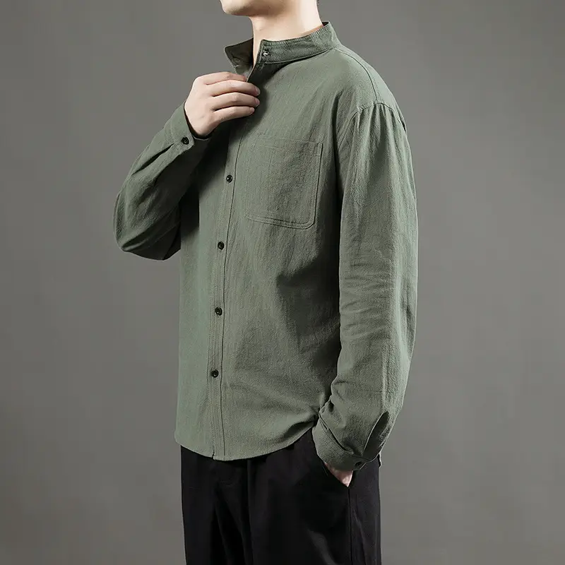 Men Linen Long Sleeve Shirt Green 2024 - Image 8