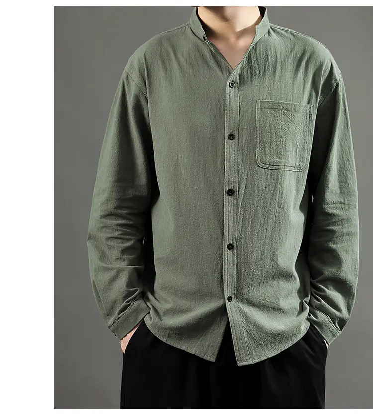 Men Linen Long Sleeve Shirt Green 2024 — feature 27