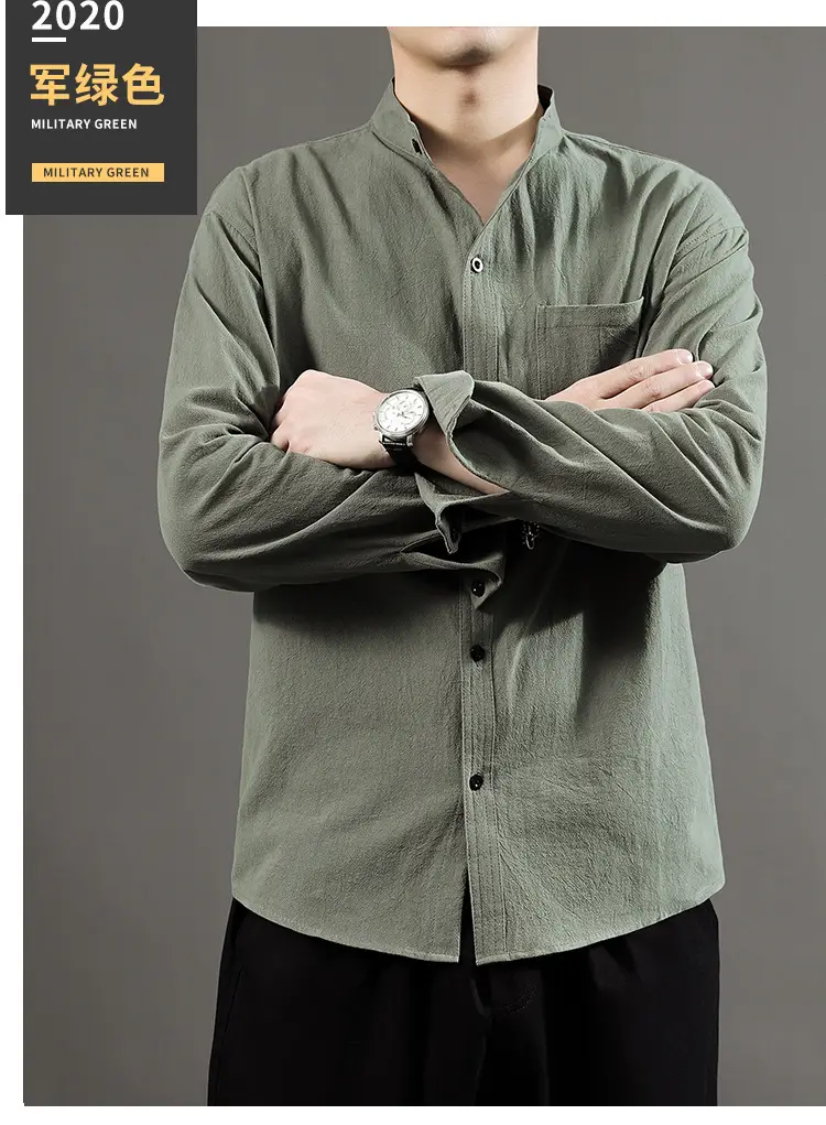 Men Linen Long Sleeve Shirt Green 2024 — feature 31