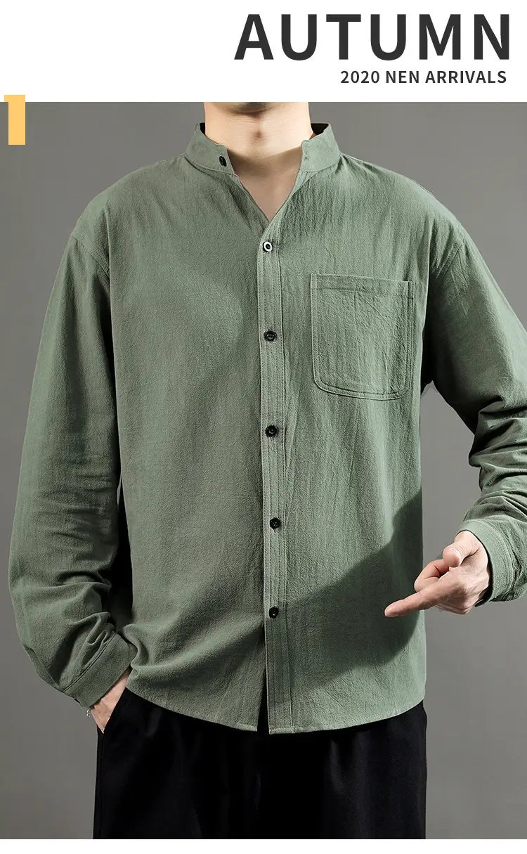Men Linen Long Sleeve Shirt Green 2024 — feature 32