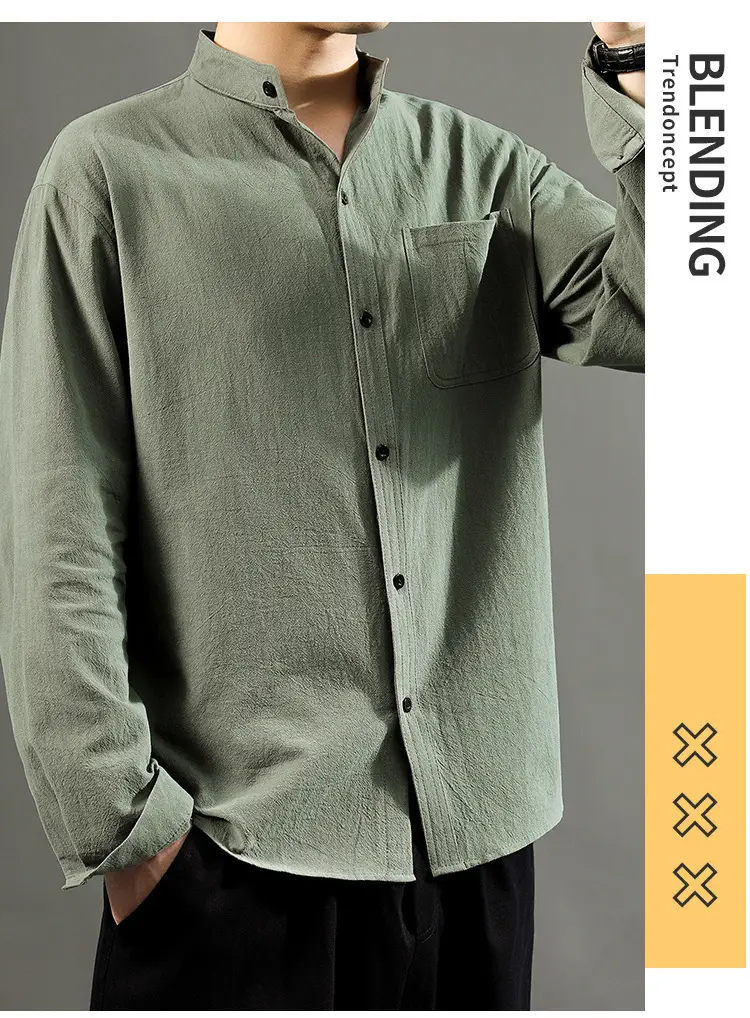Men Linen Long Sleeve Shirt Green 2024 — feature 33