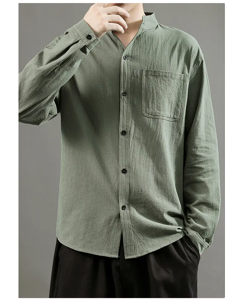 Men Linen Long Sleeve Shirt Green 2024 — feature 34