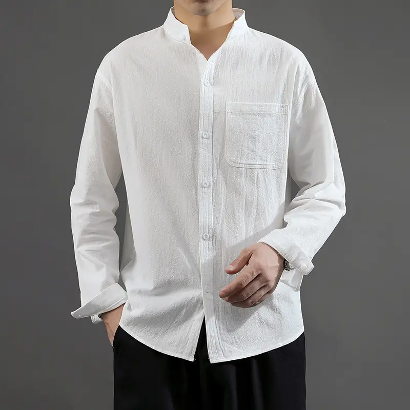 Men Linen Long Sleeve Shirt Green 2024 - Image 2