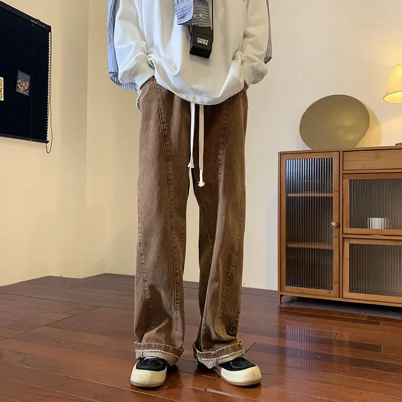 Men Brown Woven Rope Pants Spring Autumn