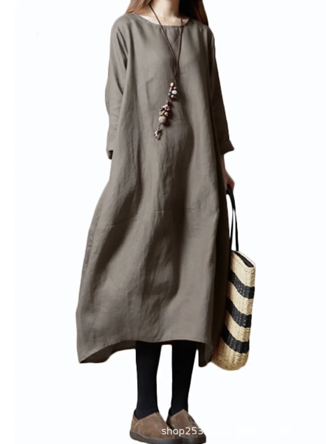 Elegant Black Linen Mid-Length Dress for Women - Image 2