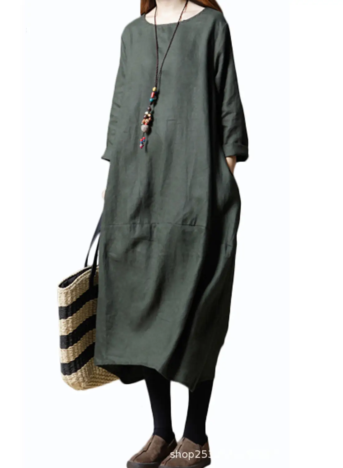 Elegant Black Linen Mid-Length Dress for Women - Image 3