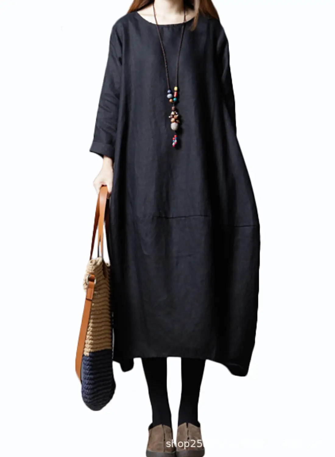 Elegant Black Linen Mid-Length Dress for Women - Image 5