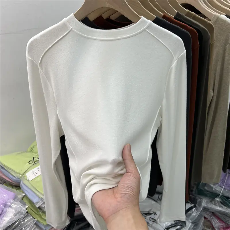 Women Long Sleeve Fleece T-Shirt Grey 2025 Winter - Image 5