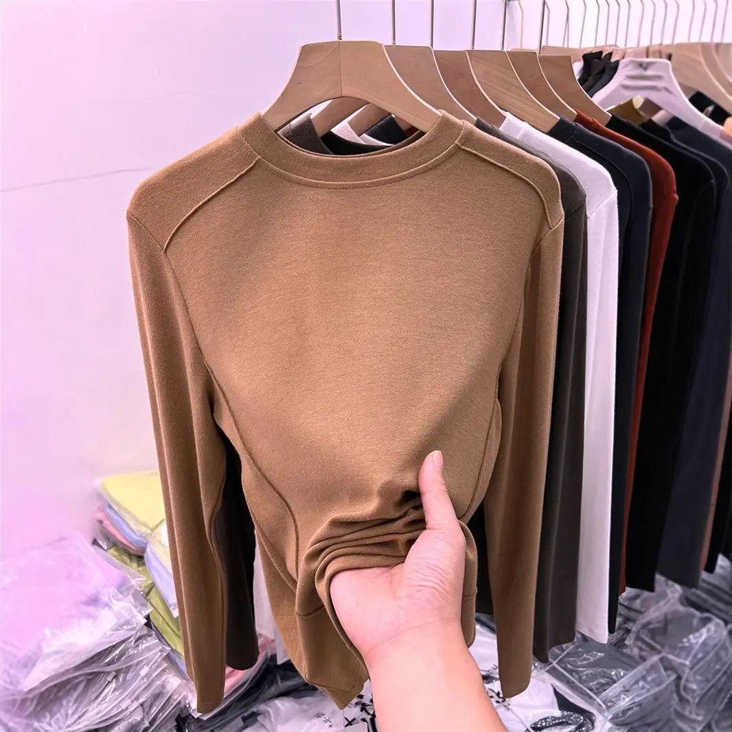 Women Long Sleeve Fleece T-Shirt Grey 2025 Winter - Image 6