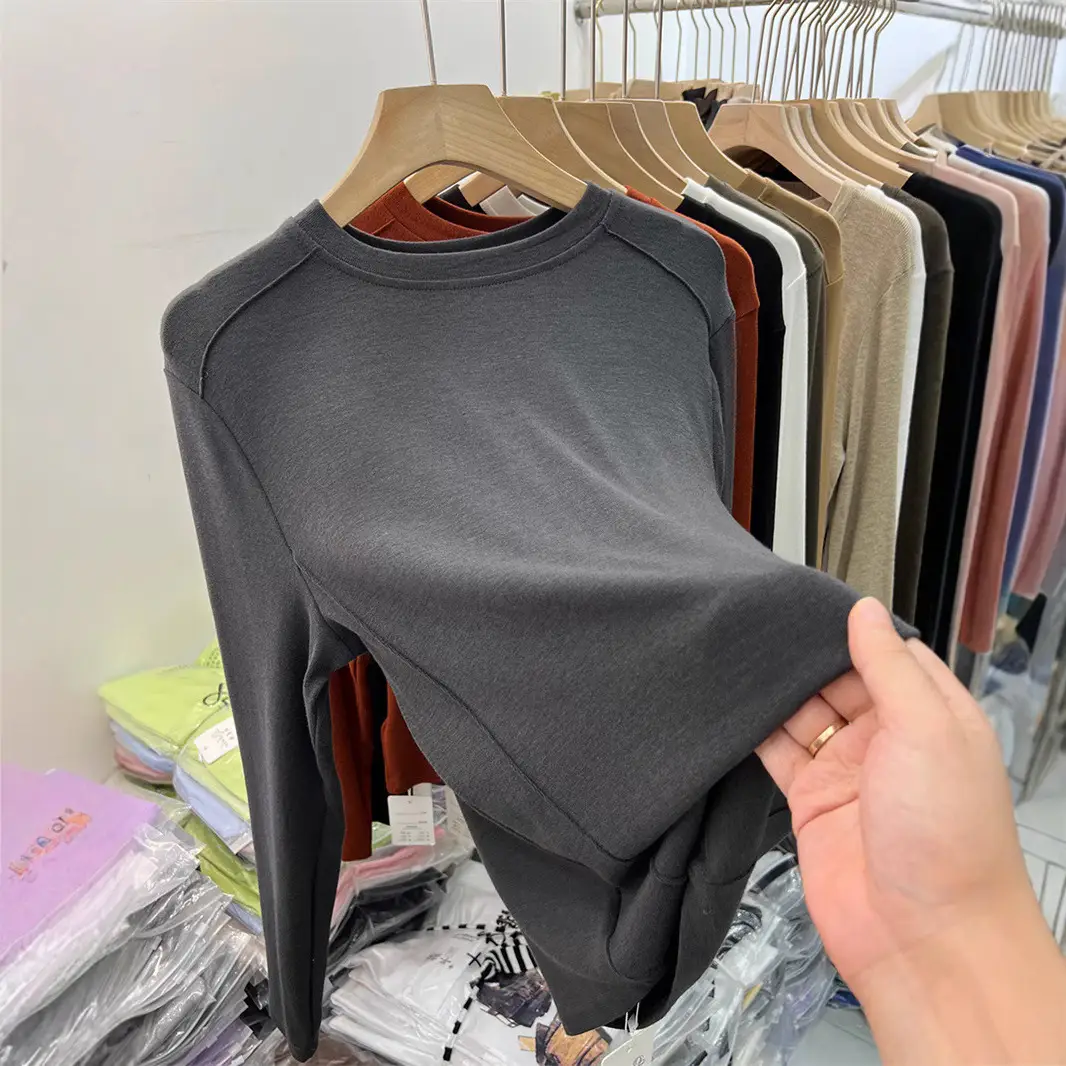 Women Long Sleeve Fleece T-Shirt Grey 2025 Winter - Image 7