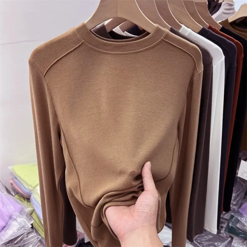 Women Long Sleeve Fleece T-Shirt Grey 2025 Winter — feature 2