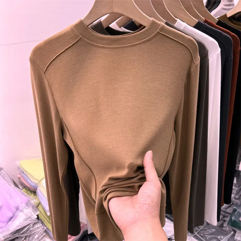 Women Long Sleeve Fleece T-Shirt Grey 2025 Winter — feature 3