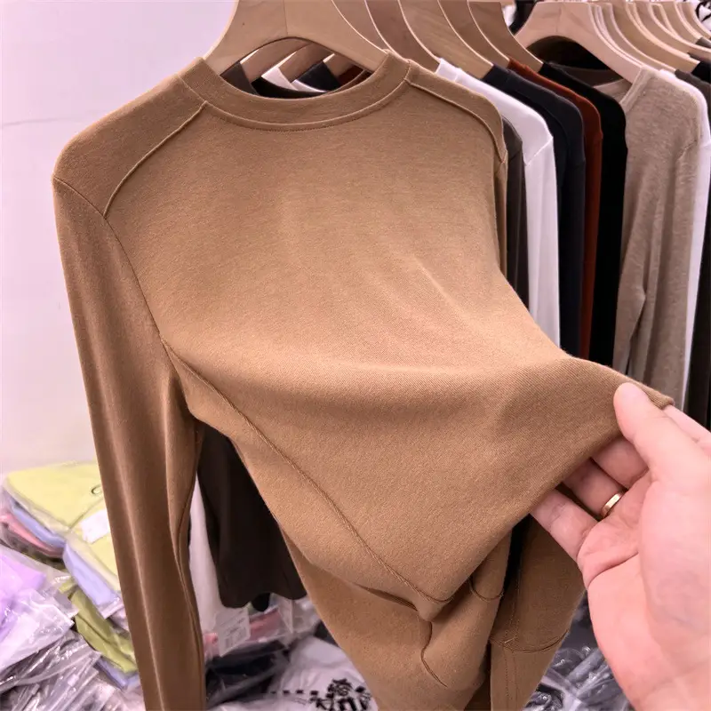 Women Long Sleeve Fleece T-Shirt Grey 2025 Winter — feature 4