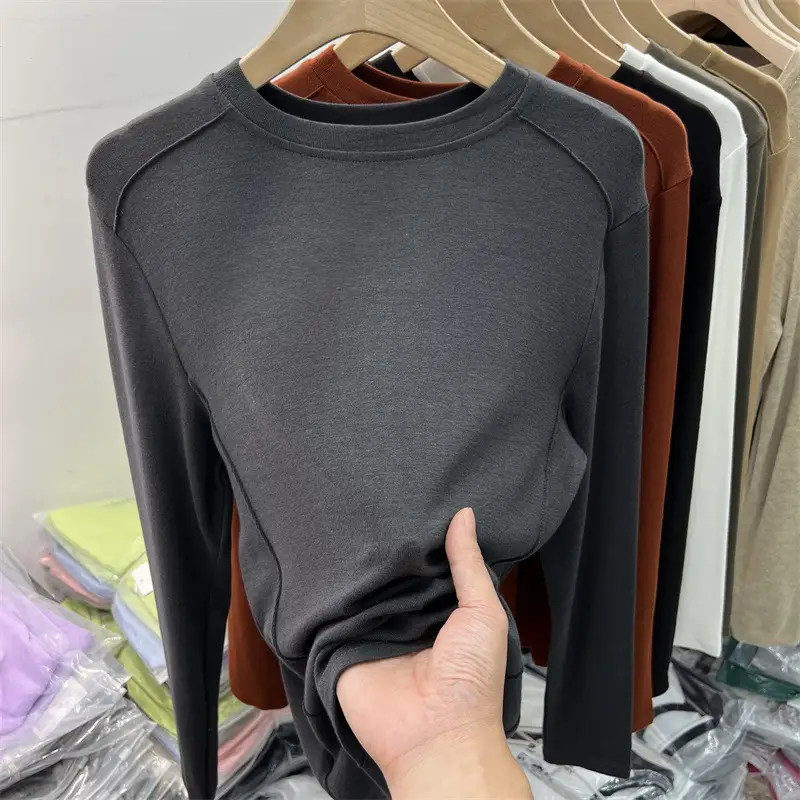 Women Long Sleeve Fleece T-Shirt Grey 2025 Winter — feature 5