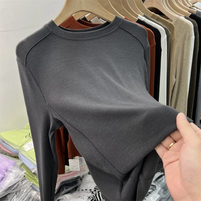 Women Long Sleeve Fleece T-Shirt Grey 2025 Winter — feature 6