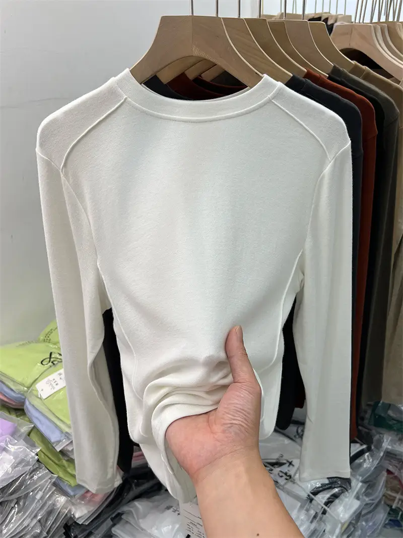 Women Long Sleeve Fleece T-Shirt Grey 2025 Winter - Image 2