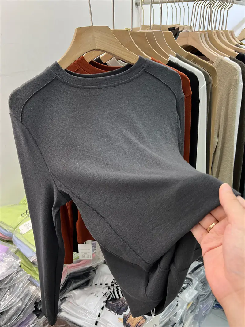 Women Long Sleeve Fleece T-Shirt Grey 2025 Winter - Image 3