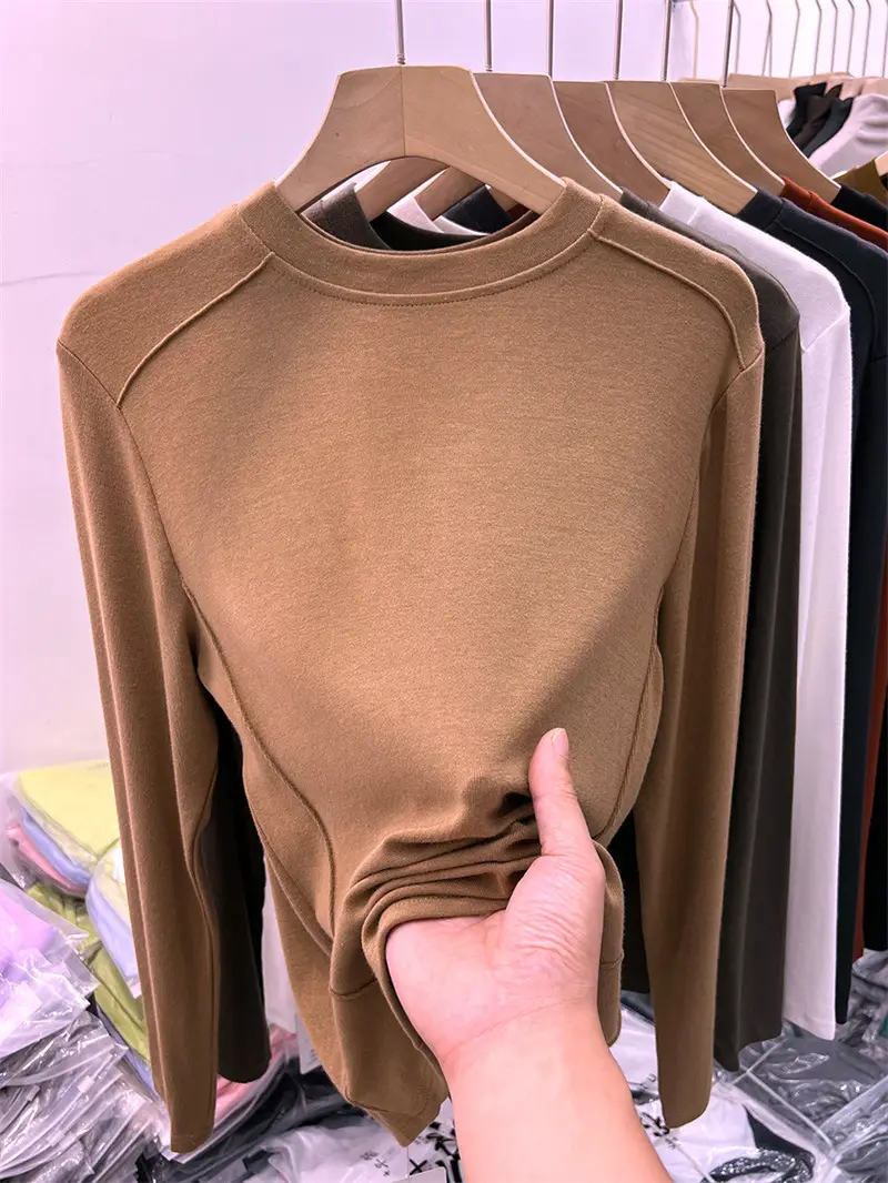 Women Long Sleeve Fleece T-Shirt Grey 2025 Winter - Image 4