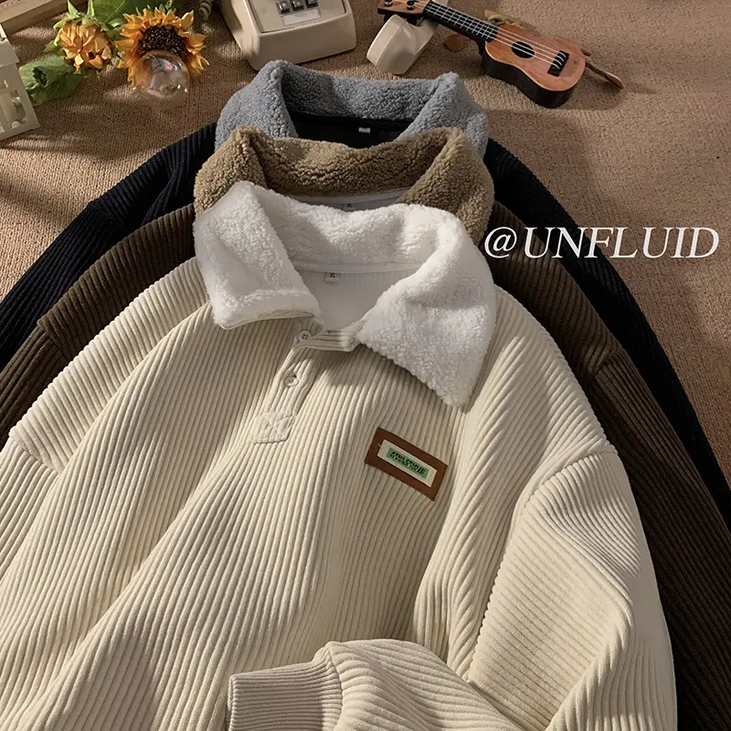 Men's Velvet Polo Collar Sweater Winter Jacket Brown - Image 4