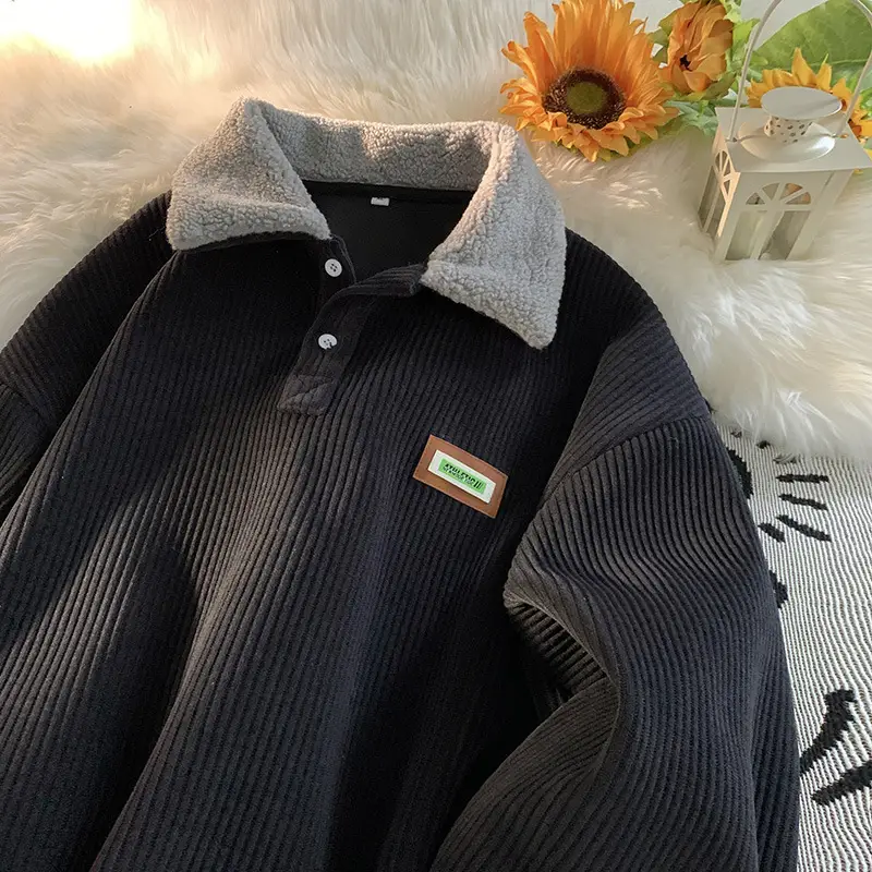 Men's Velvet Polo Collar Sweater Winter Jacket Brown - Image 5