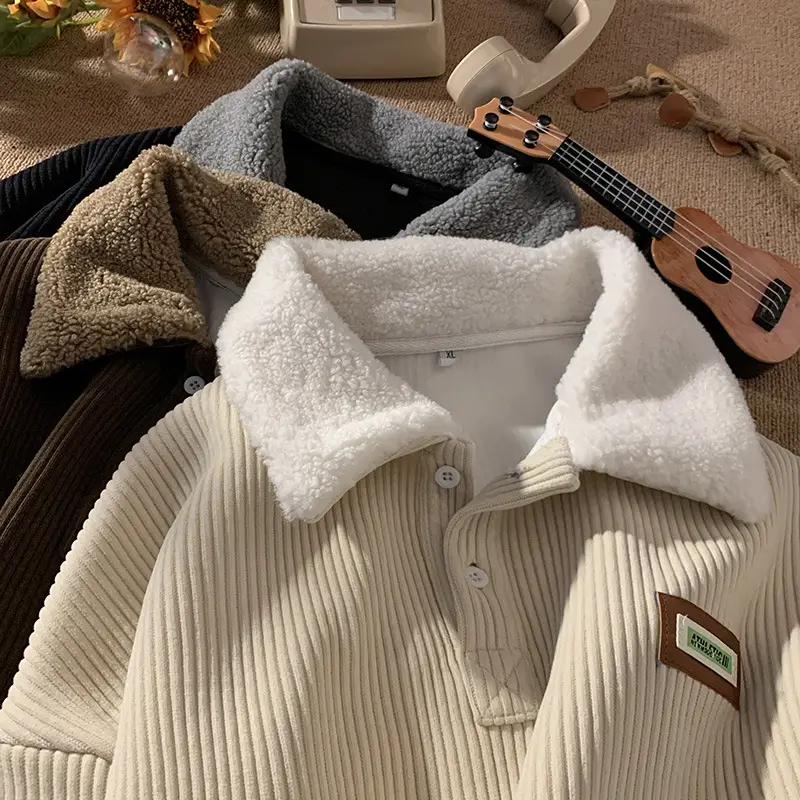 Men's Velvet Polo Collar Sweater Winter Jacket Brown - Image 7