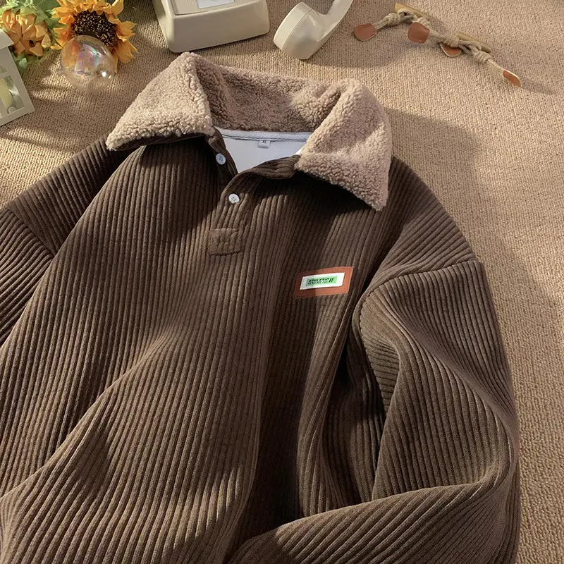 Men's Velvet Polo Collar Sweater Winter Jacket Brown - Image 8