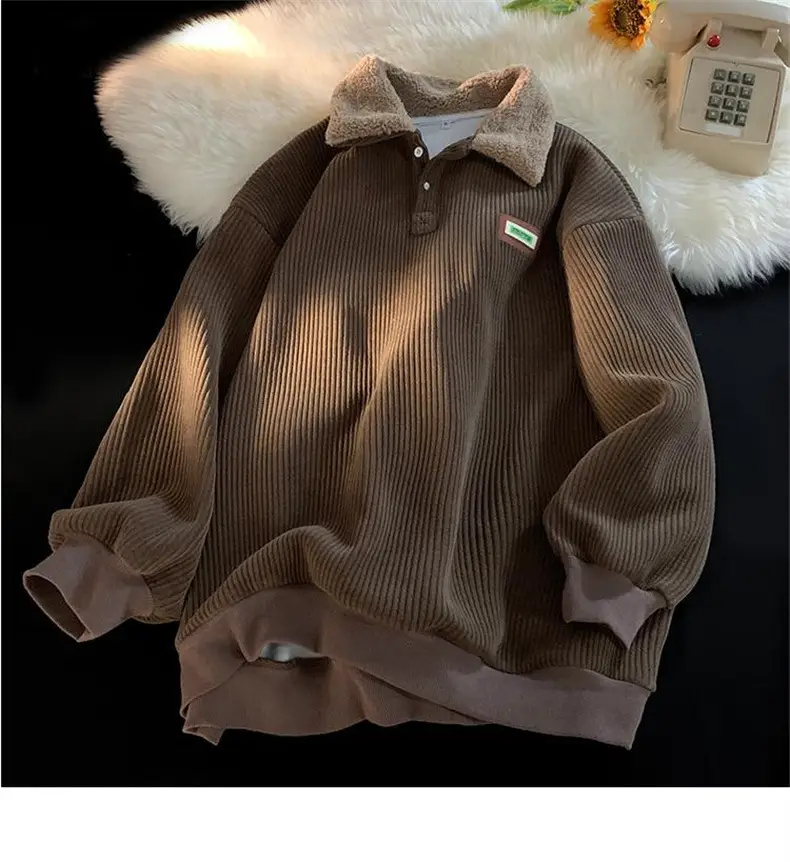 Men's Velvet Polo Collar Sweater Winter Jacket Brown — feature 13