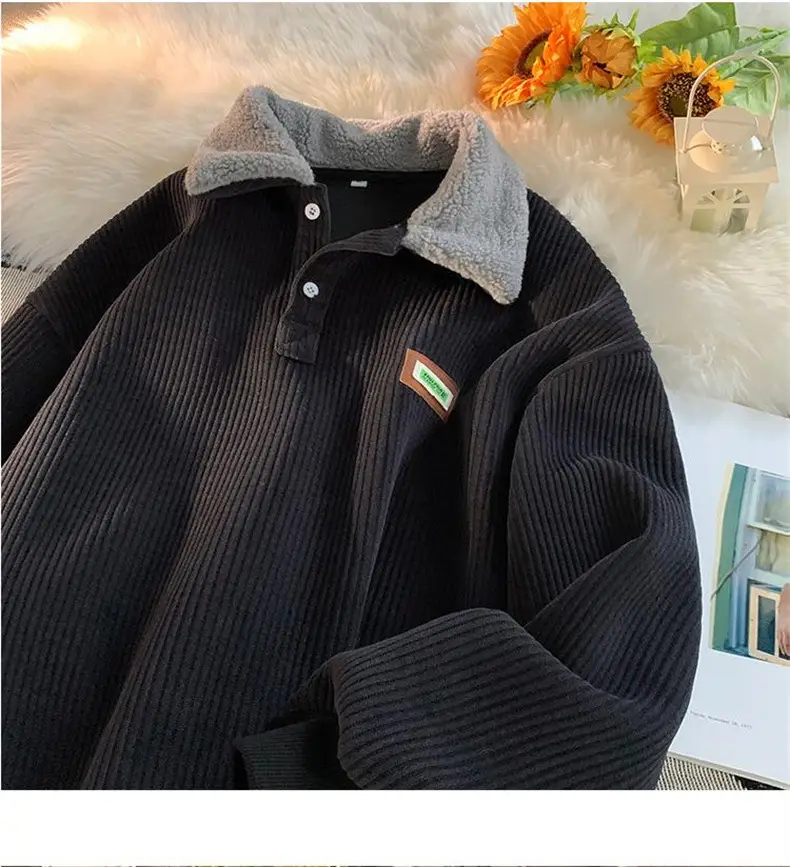 Men's Velvet Polo Collar Sweater Winter Jacket Brown — feature 15