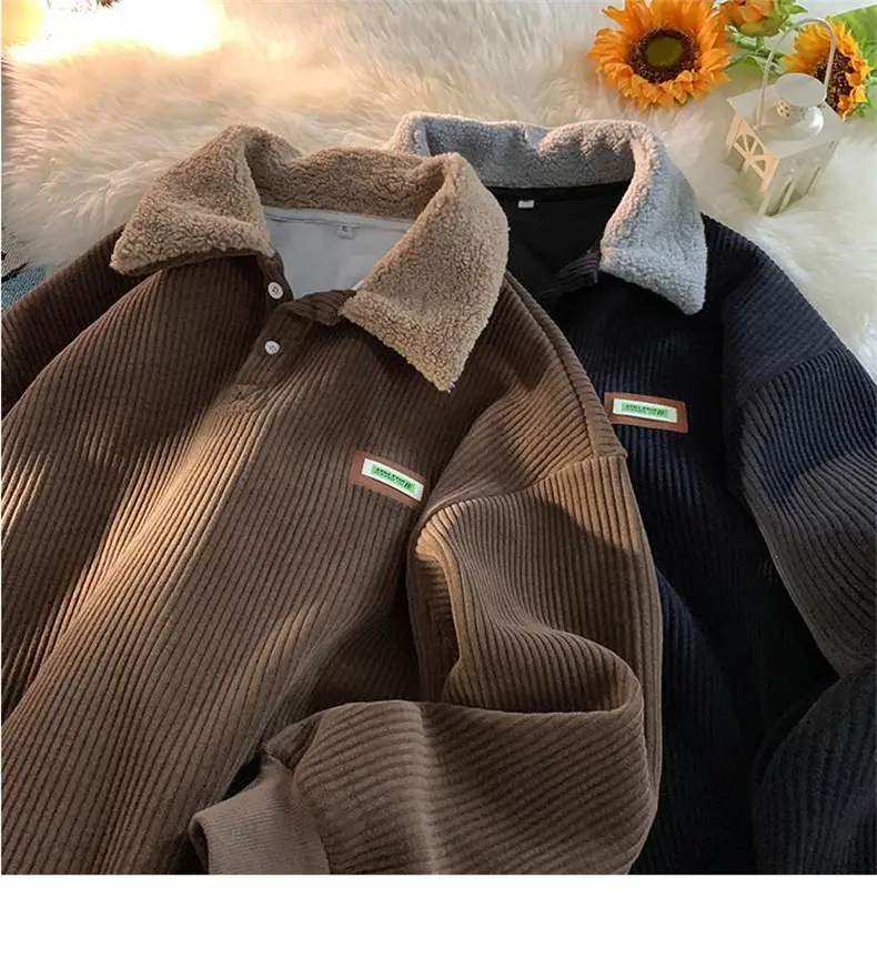 Men's Velvet Polo Collar Sweater Winter Jacket Brown — feature 4